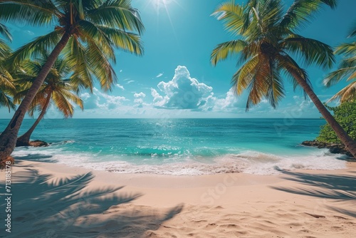 Sunny summer beach with palms background, copy space  © AI Exclusive 