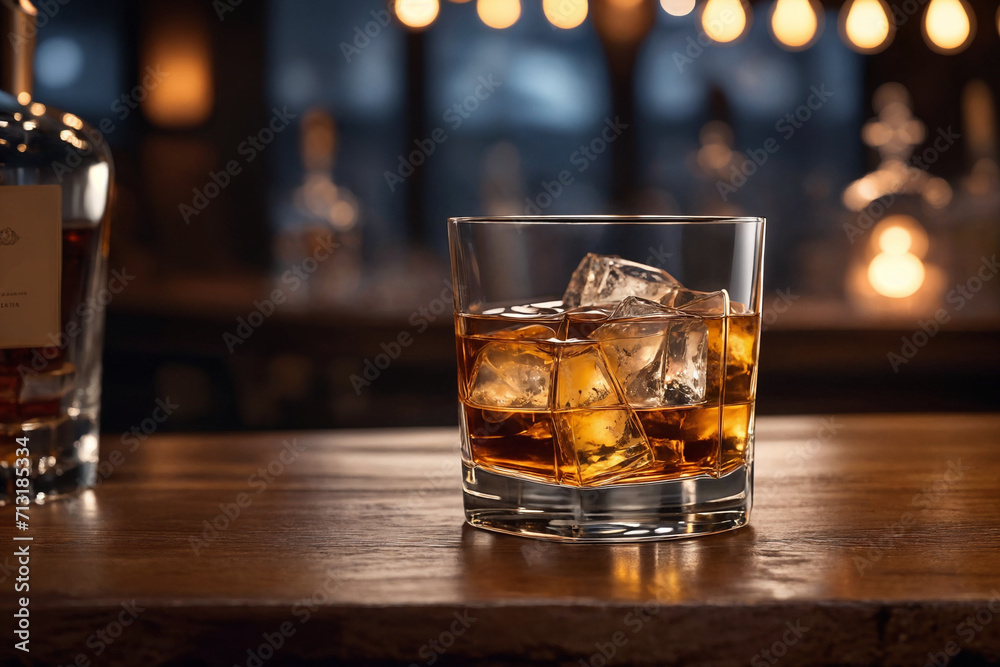 a glass of whiskey on the bar in front of the bar. Generative Ai