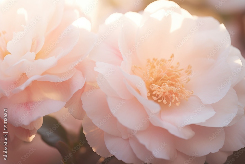 two rose camellia flowers, closeup, macro. Camellia japonica. White yellow camellia in full bloom two rose camellia flowers, closeup, macro. Camellia japonica. White yellow camellia in full bloom