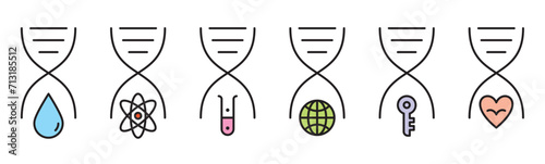 colorful drops, atom, test tube, globe, key, heart shapes and dna symbol