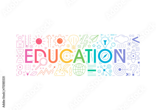 colorful education word and colorful education symbols. multicolored education concept. education concept with symbols