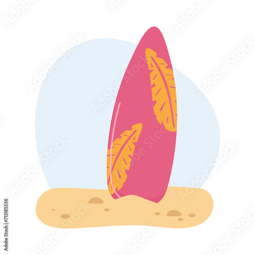 Surf board on a sand with bright tropical design
