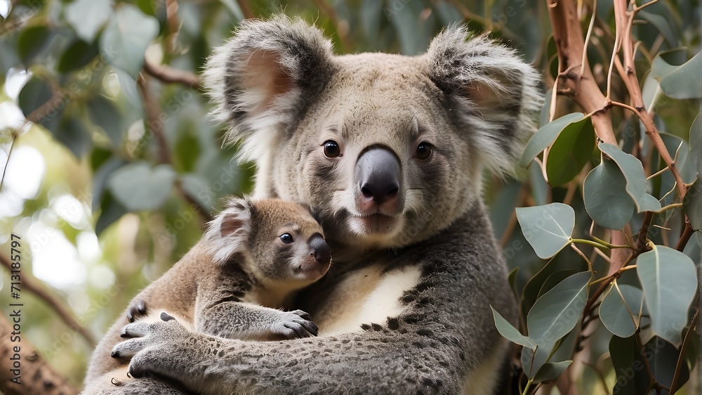 A mother koala with her adorable joey nestled in a eucalyptus tree A mother koala with her adorable joey nestled in a eucalyptus tree