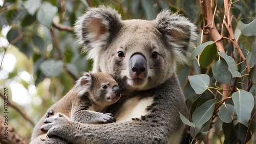 A mother koala with her adorable joey nestled in a eucalyptus tree