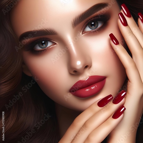 portrait of a woman with lips and red nails. Beauty industrial. Makeup professional. Beautiful model. 