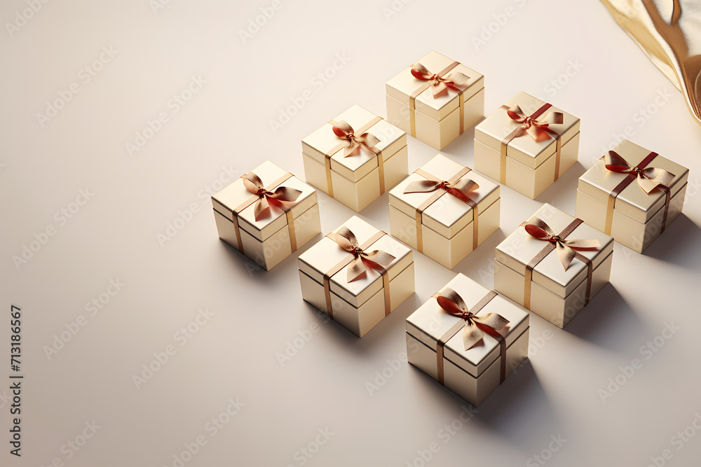 Lots of gift box with ribbon and bow on a plain background.