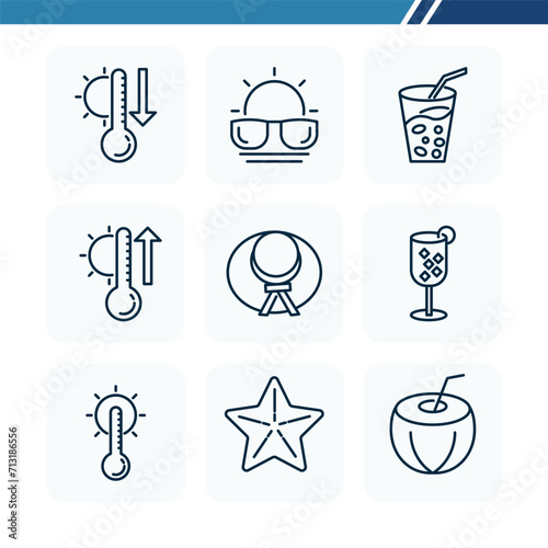 Summer web icon set, outline icon set, beach temperature gauge, drink and coconut