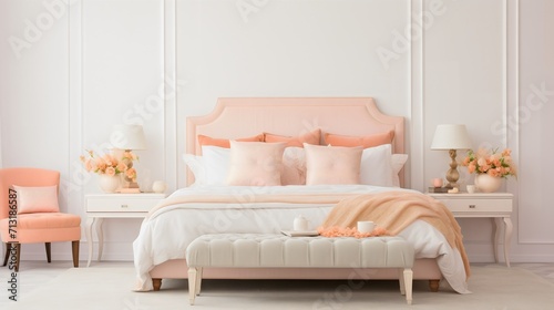 Interior design of an empty minimalistic pink female or girl bedroom for princess or queen  comfortable bed  chairs  hotel or villa room  house or home