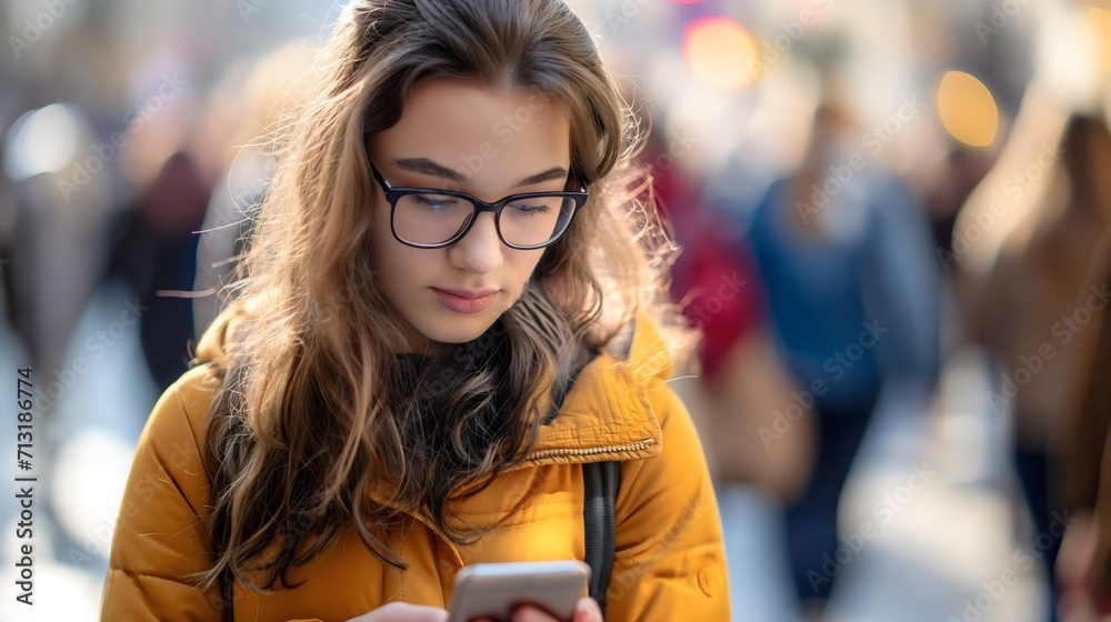 A young woman with blonde hair standing or walking on a city street, looking at her smartphone that she is holding in her hands. Beautiful youthful female person using technology, cellphone in public A young woman with blonde hair standing or walking on a city street, looking at her smartphone that she is holding in her hands. Beautiful youthful female person using technology, cellphone in public