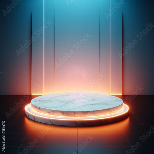 a white podium. orange ambient lights, ai generated