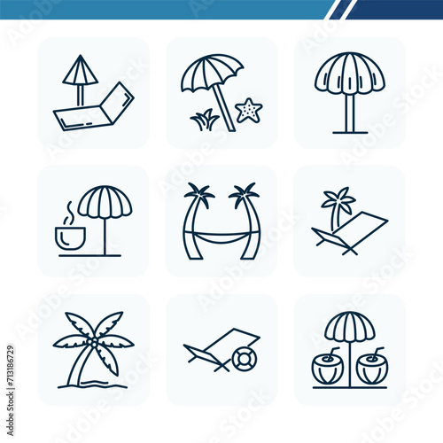 Summer vacation web icon set, outline icon set, relaxing on the beach and drinking coconut ice