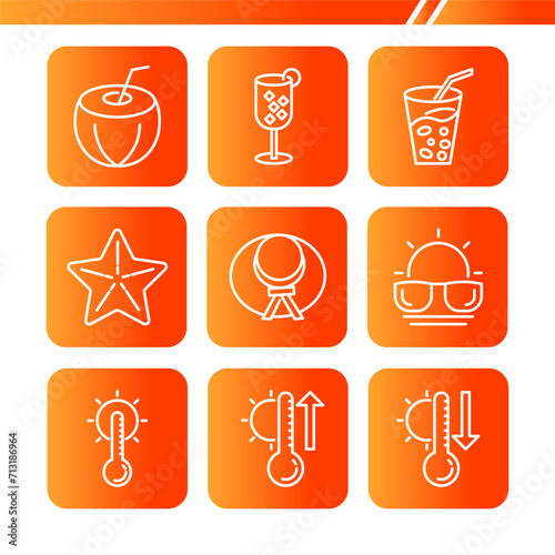 Colorful summer web icon set, outline icon set, beach temperature gauge, drink and coconut
