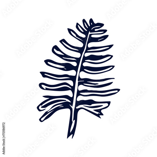 Handmade blockprint fern leaf vector motif clipart in folkart scandi style. Simple monochrome linocut plant shapes with naive rural lineart.