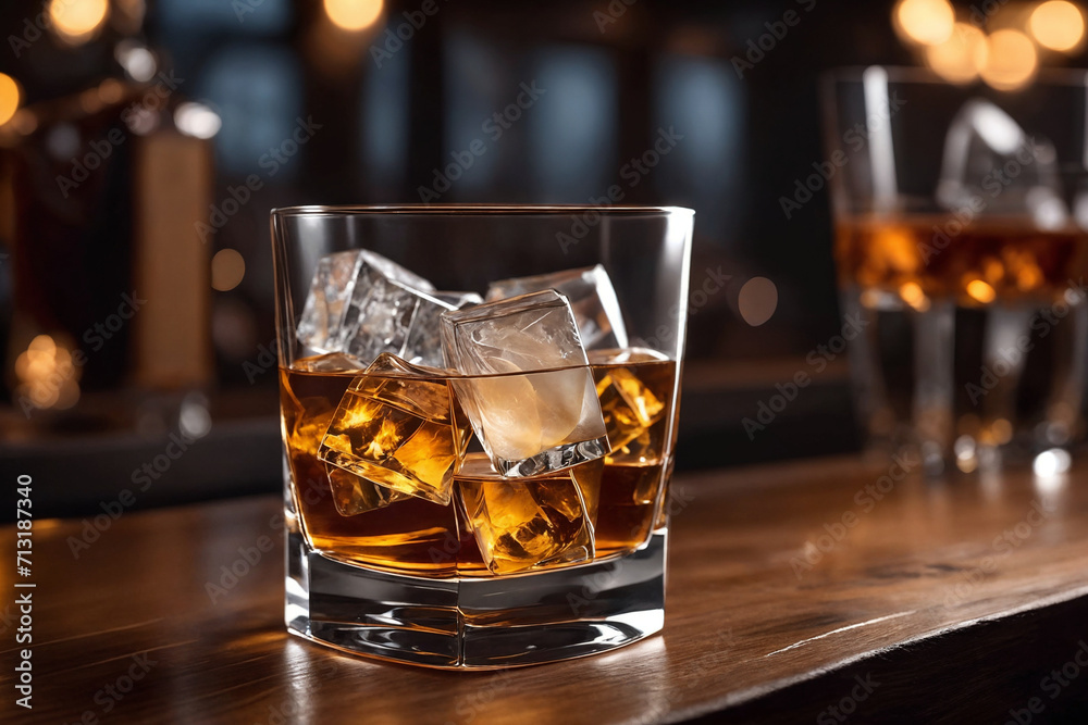 a glass of whiskey on the bar in front of the bar. Generative Ai