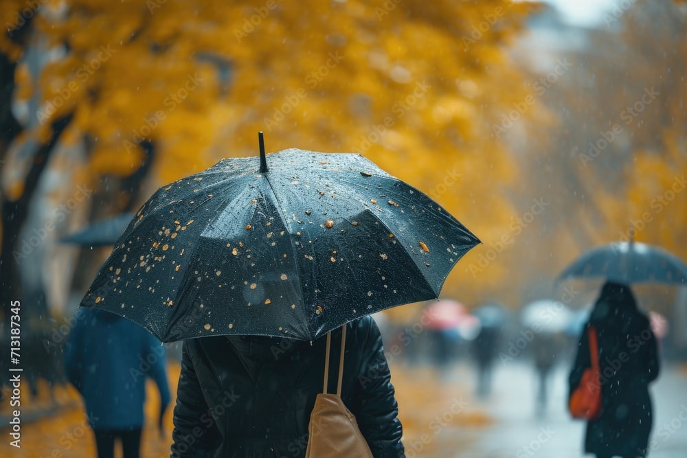 A person is walking in the rain with an umbrella. This image can be used to depict a rainy day or to symbolize protection from the elements