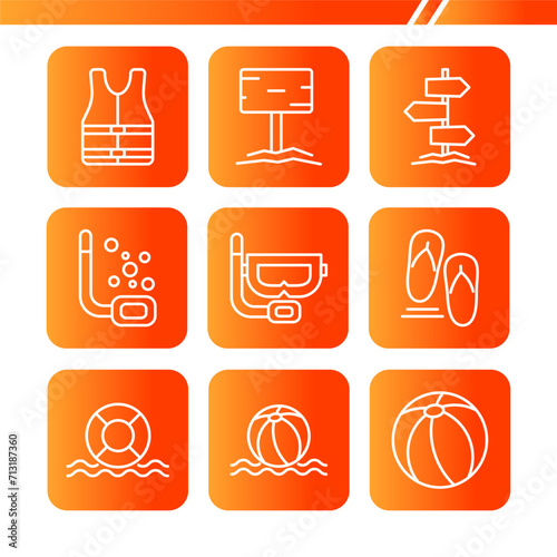 Colorful summer web icon set, outline icon set, beach ball, glasses and swimsuit