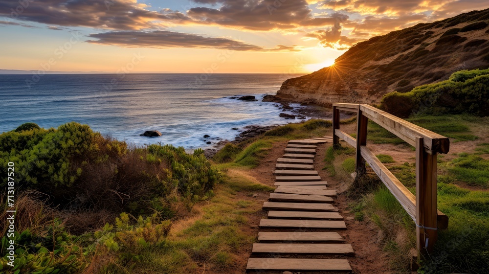 Obraz premium Empty wooden walkway on the ocean coast in the sunset time, pathway to beach