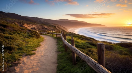 Empty wooden walkway on the ocean coast in the sunset time, pathway to beach