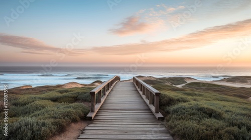 Empty wooden walkway on the ocean coast in the sunset time  pathway to beach