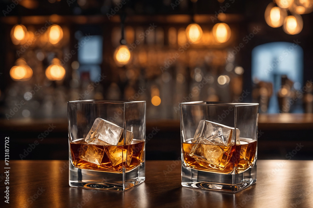 a glass of whiskey on the bar in front of the bar. Generative Ai a glass of whiskey on the bar in front of the bar. Generative Ai