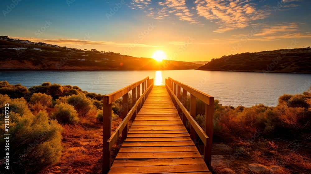 Fototapeta premium Empty wooden walkway on the ocean coast in the sunset time, pathway to beach