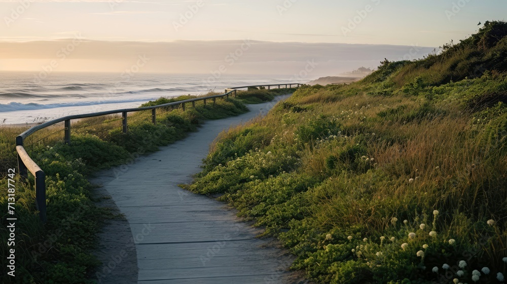 Empty wooden walkway on the ocean coast in the sunset time, pathway to beach Empty wooden walkway on the ocean coast in the sunset time, pathway to beach