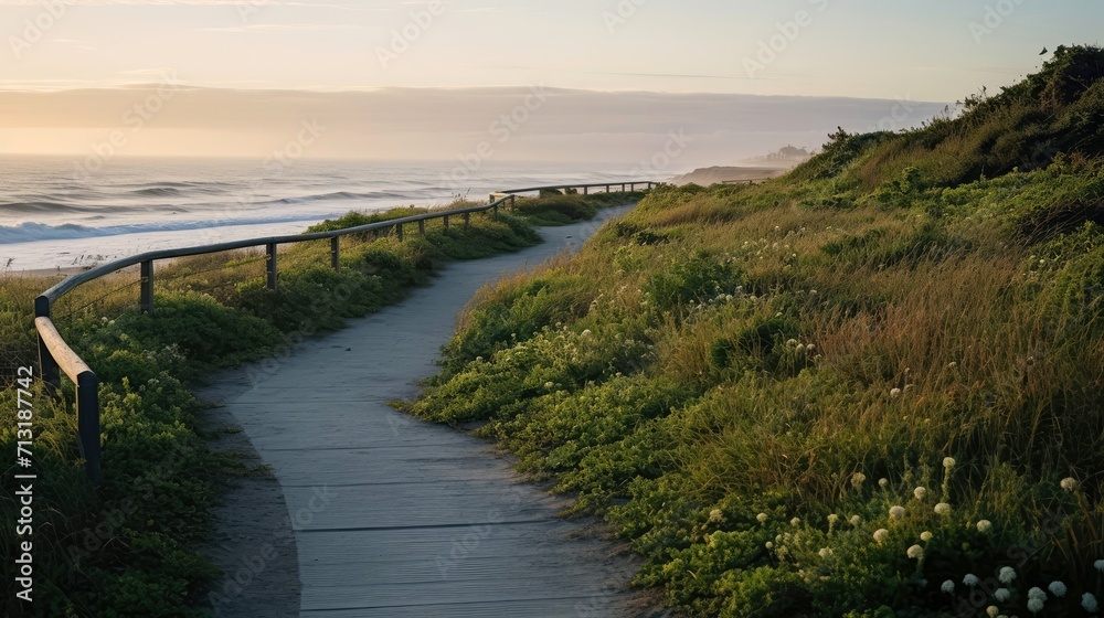 Empty wooden walkway on the ocean coast in the sunset time, pathway to beach