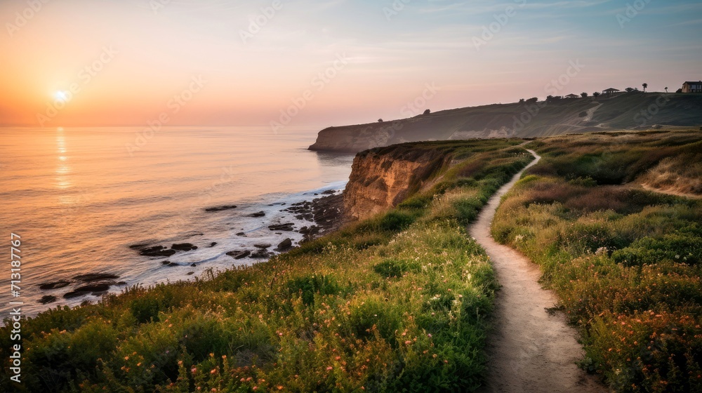 Empty wooden walkway on the ocean coast in the sunset time, pathway to beach