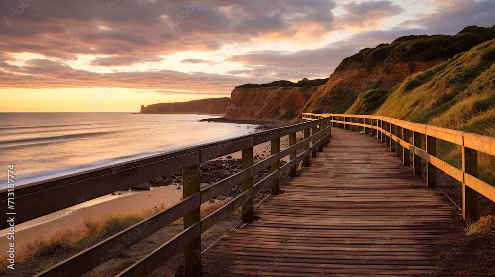 Obraz premium Empty wooden walkway on the ocean coast in the sunset time, pathway to beach