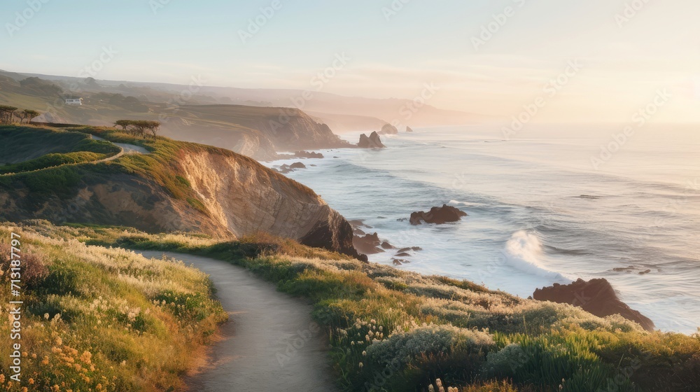 Empty wooden walkway on the ocean coast in the sunset time, pathway to beach