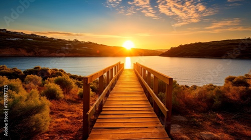 Tableau sur toile Empty wooden walkway on the ocean coast in the sunset time, pathway to beach