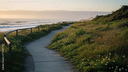 Empty wooden walkway on the ocean coast in the sunset time  pathway to beach