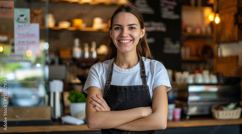 Portrait of smiling young female barista with crossed arms in apron near coffee shop counter. Business concept, consumerism. Portrait of smiling young female barista with crossed arms in apron near coffee shop counter. Business concept, consumerism.