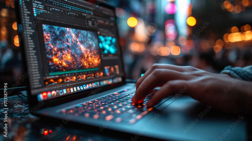 hands on the laptop, close up man's hands, sits at the desk, types on the keyboard, dark colors, black laptop, company office, work from home, freelance, background blurred hands on the laptop, close up man's hands, sits at the desk, types on the keyboard, dark colors, black laptop, company office, work from home, freelance, background blurred