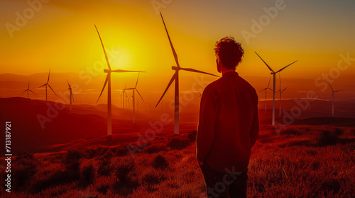 Man Contemplating Wind Turbines at Sunset