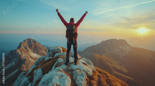 Strong and confident man standing on to a mountain. Fit active lifestyle concept. Positive man celebrating on mountain top, with arms raised up, Goal, successful, achievement 
