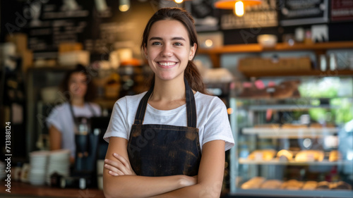 Portrait of smiling young female barista with crossed arms in apron near coffee shop counter. Business concept, consumerism.