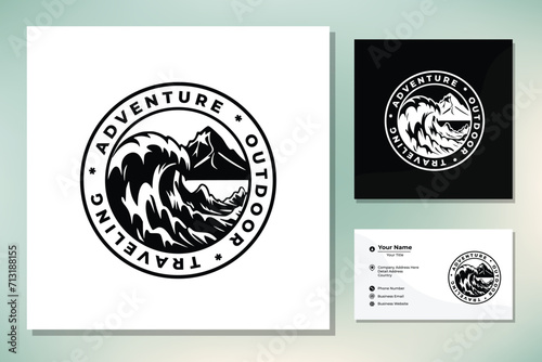 Mountain, Sea Ocean Wave and Sun for Vintage Adventure Outdoor Traveling Label Stamp logo design (ID: 713188155)