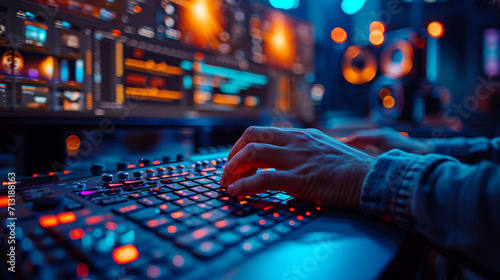 dj mixer in a studio, hands on the keyboard, close up man's hands, sits at the desk, types on the keyboard, dark colors, black, company office, work from home, freelance, background blurred