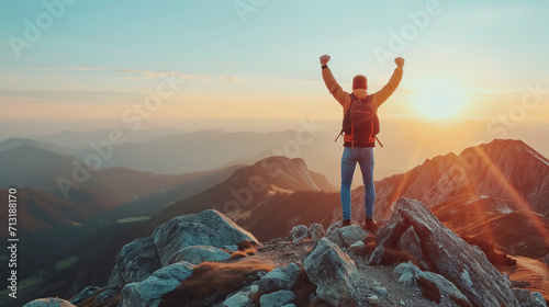 Strong and confident man standing on to a mountain. Fit active lifestyle concept. Positive man celebrating on mountain top, with arms raised up, Goal, successful, achievement  photo