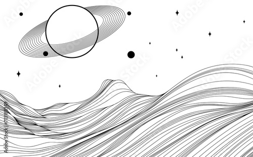 Abstract background with wavy lines and circles. Black and white illustration. Space landscape with stars and planet with rings.