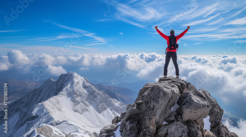 Strong and confident man standing on to a mountain. Fit active lifestyle concept. Positive man celebrating on mountain top, with arms raised up, Goal, successful, achievement  © Sweetrose official 