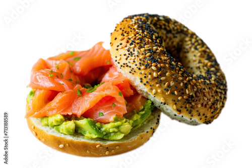 smashed avocado and smoked salmon seeded bagel, on transparent background