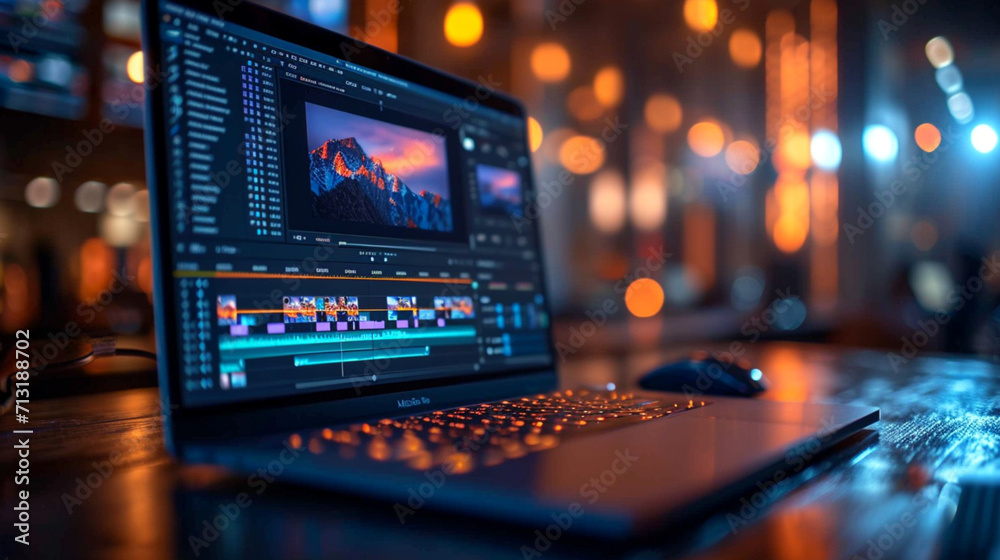 laptop computer, close up, dark colors, black computer, company office, work from home, freelance, background blurred