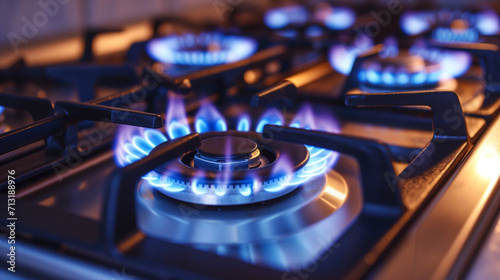 Photograph of a home stove gas burner with blue and yellow flames. Gas cooking with stove.