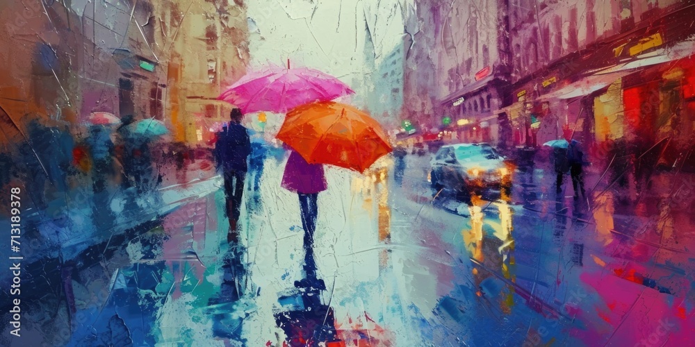 A painting depicting people walking in the rain with umbrellas. Suitable for various applications