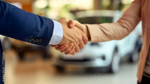 Handshake between man and woman, buying new vehicle at the car dealership showroom. New automobile for sale, for customer to drive it on a rent or leasing. Happy client or buyer purchase, new owner