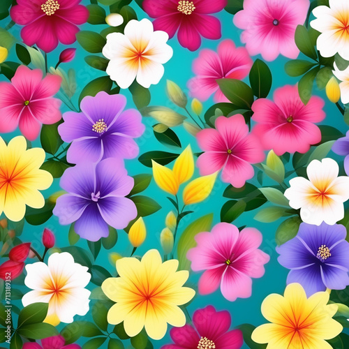 Vibrant Floral Explosion: A Colorful Array of Blooming Flowers on Teal Background