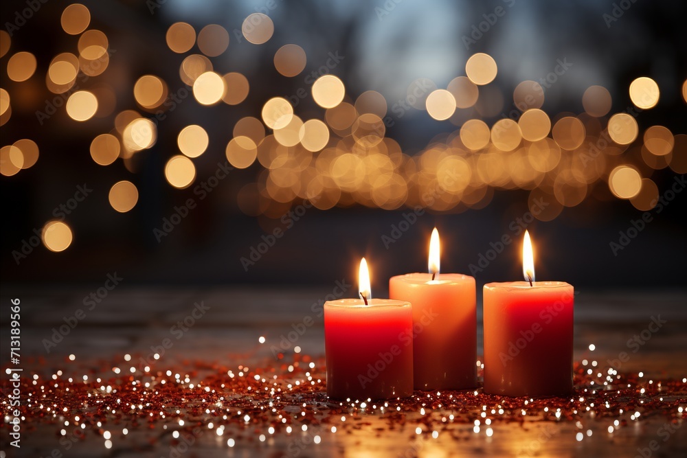 Beautifully lit scene. three candles shimmer amidst the soft glow of twinkling garlands Beautifully lit scene. three candles shimmer amidst the soft glow of twinkling garlands