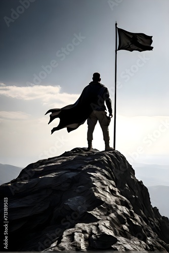 Person on top of a mountain holding a flag which depict the victory and courage photo